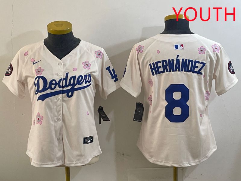Youth Los Angeles Dodgers #8 Hernandez Cream Sakura Edition 2025 Nike MLB Jersey style 1